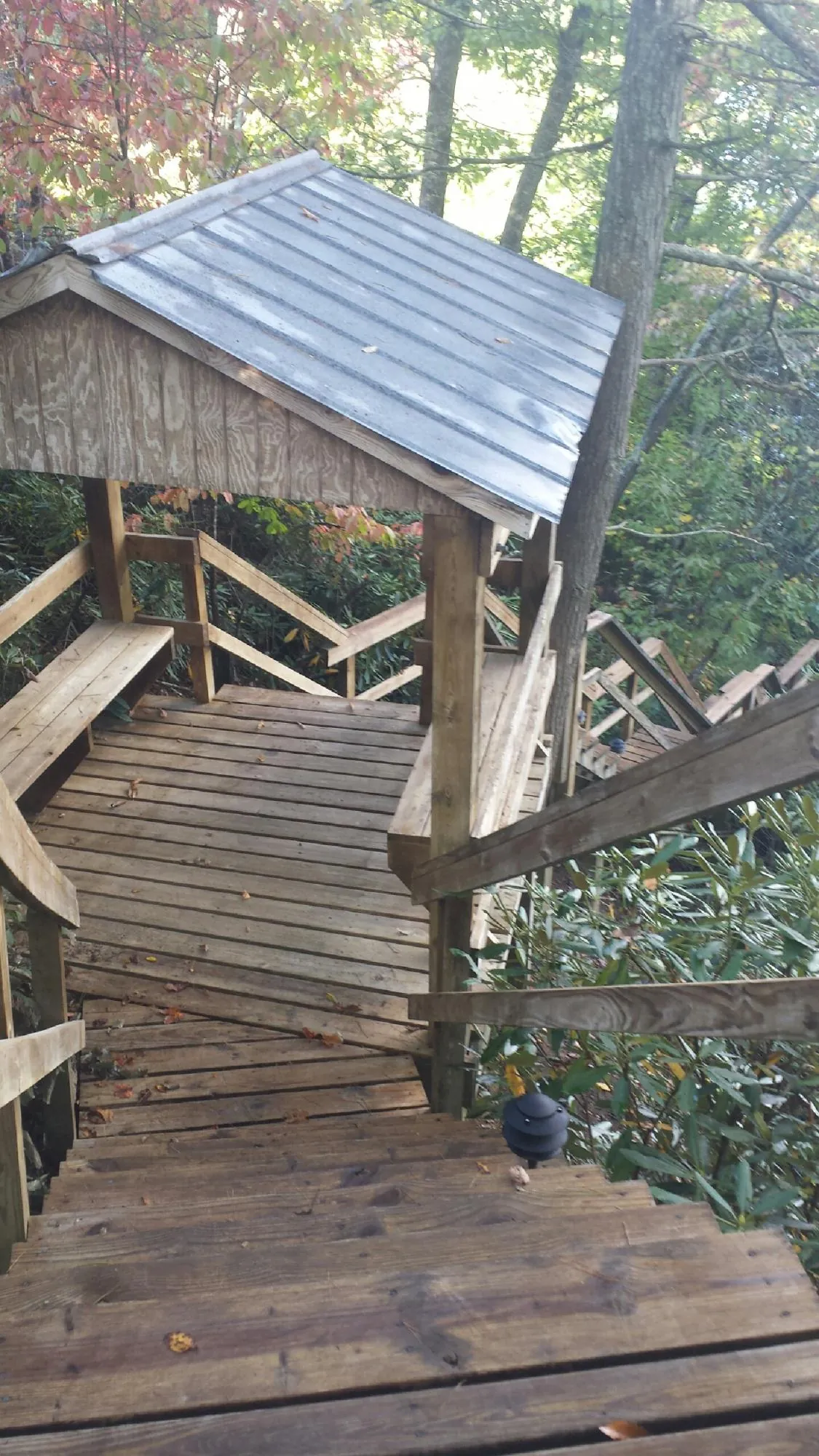 Metal roofed shelter over wooden steps on a wooded walkway — Skylight Repair & Installation work by our crew in Ivor